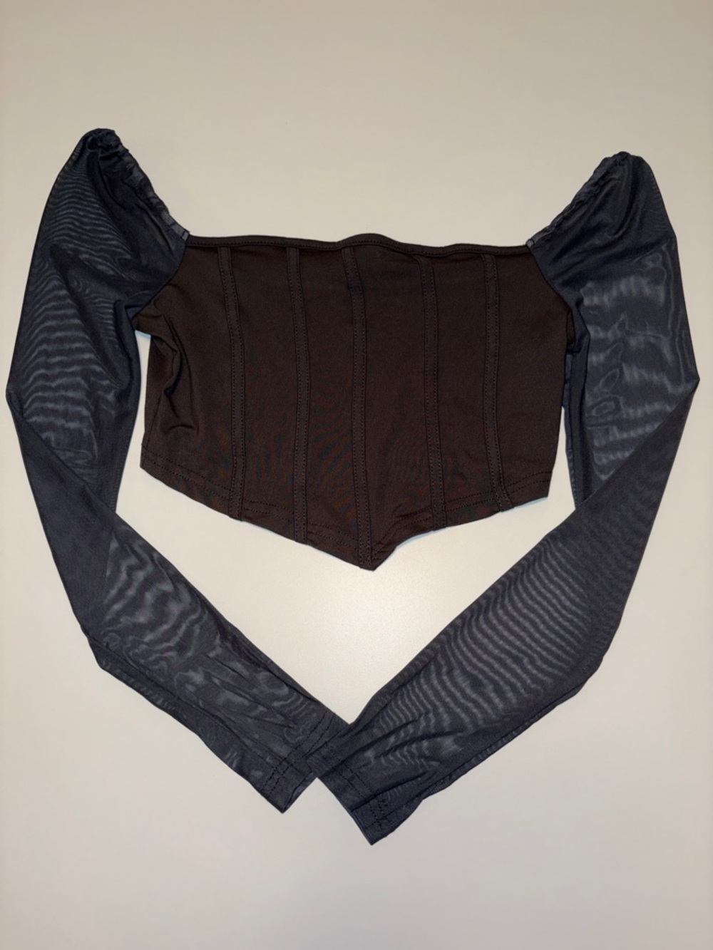 Gray Off-Shoulder Corset Crop Top with Mesh Sleeves